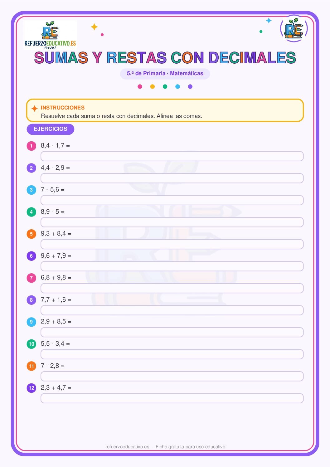 Sumas y restas de decimales para 5º de Primaria (PDF) Ficha imprimible: Sumas y restas de decimales para 5º de Primaria