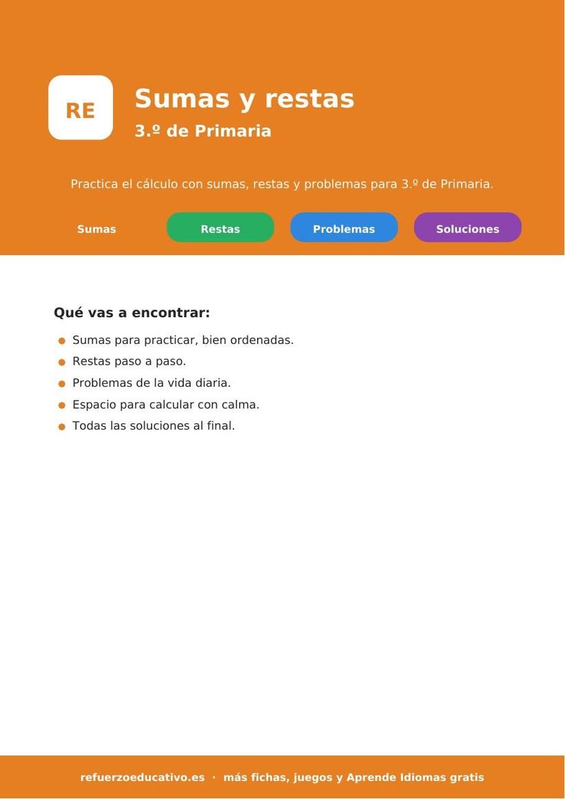 Ficha de sumas y restas de tres cifras para 3º de Primaria
