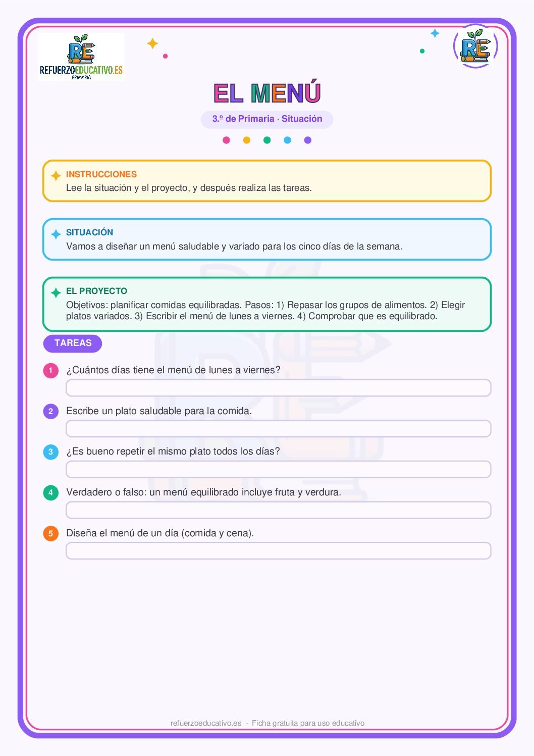 Ficha imprimible: Situación de aprendizaje: El menú para 3º de Primaria
