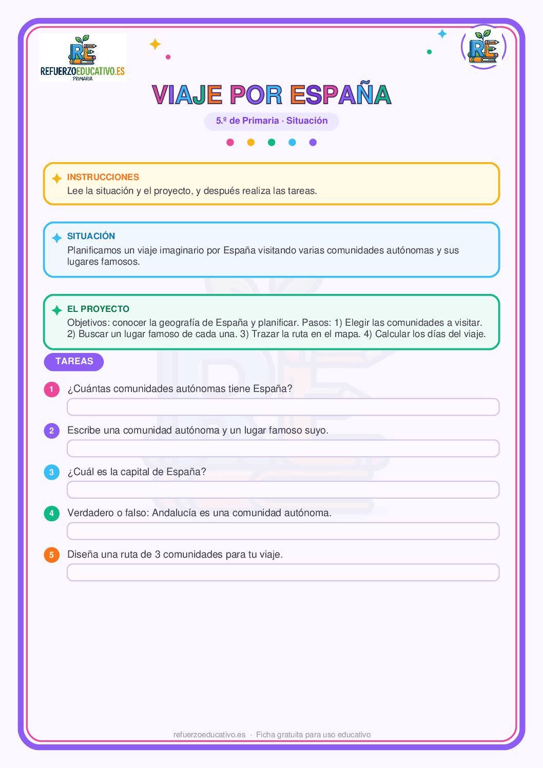 Situación de aprendizaje: Viaje por españa para 5º de Primaria (PDF) Ficha imprimible: Situación de aprendizaje: Viaje por españa para 5º de Primaria