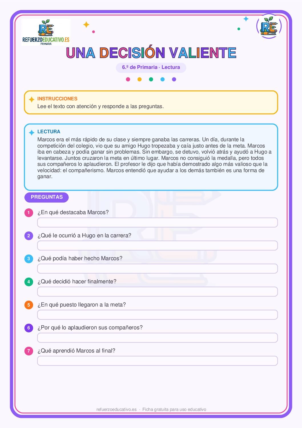 Lectura comprensiva: Una decisión valiente para 6º de Primaria (PDF) Ficha imprimible: Lectura comprensiva: Una decisión valiente para 6º de Primaria