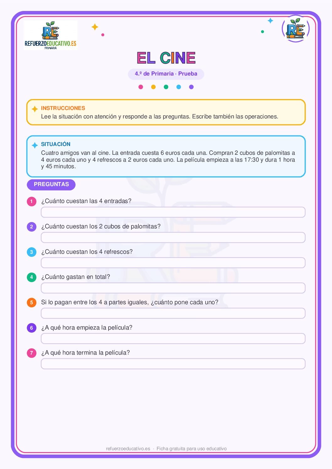Prueba competencial: El cine para 4º de Primaria (PDF) Ficha imprimible: Prueba competencial: El cine para 4º de Primaria