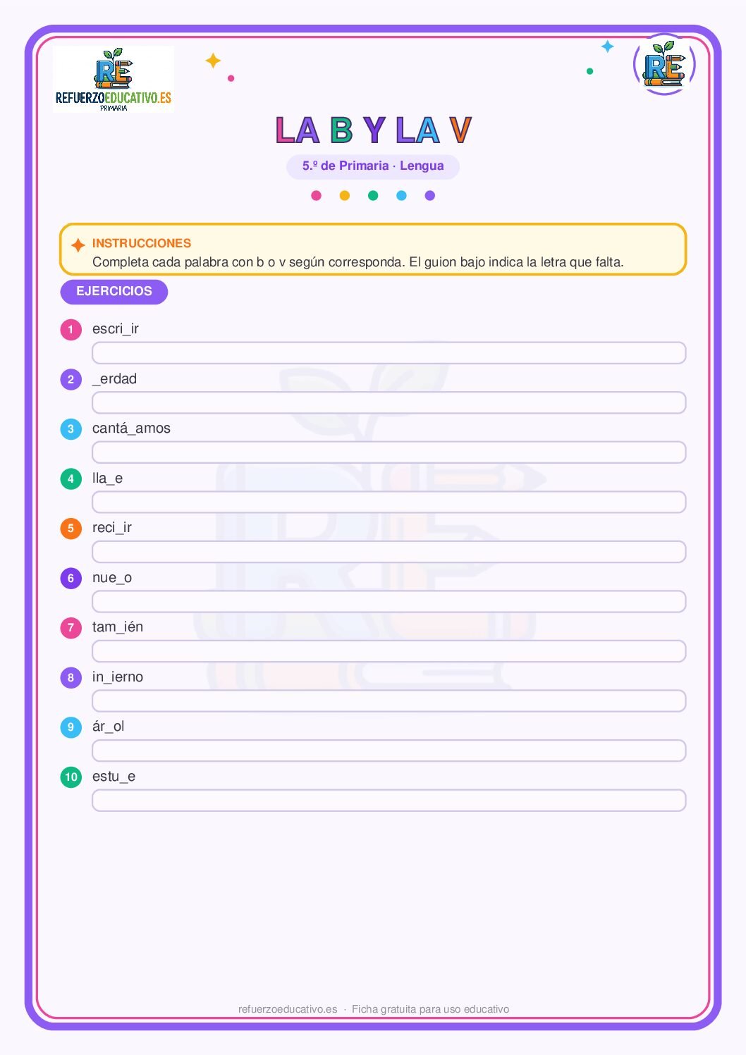Uso de la b y la v para 5º de Primaria (PDF) Ficha imprimible: Uso de la b y la v para 5º de Primaria