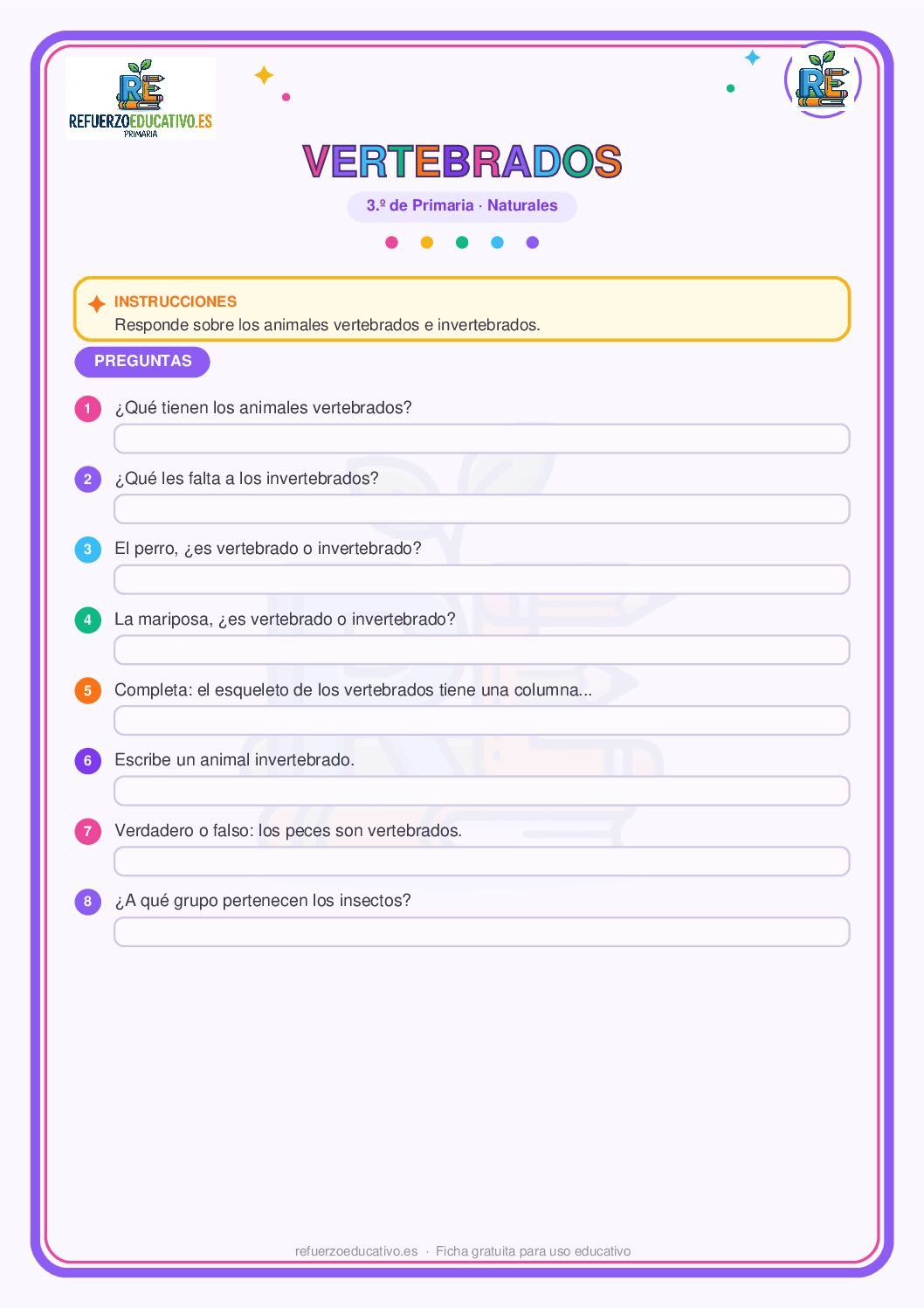 Ficha imprimible: Animales vertebrados e invertebrados para 3º de Primaria