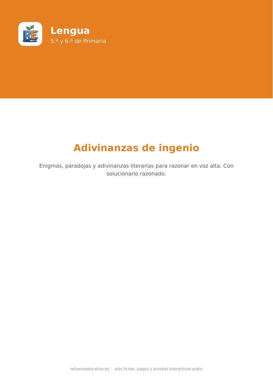 Portada de la ficha Adivinanzas difíciles con respuesta para 5.º y 6.º en PDF de refuerzoeducativo.es