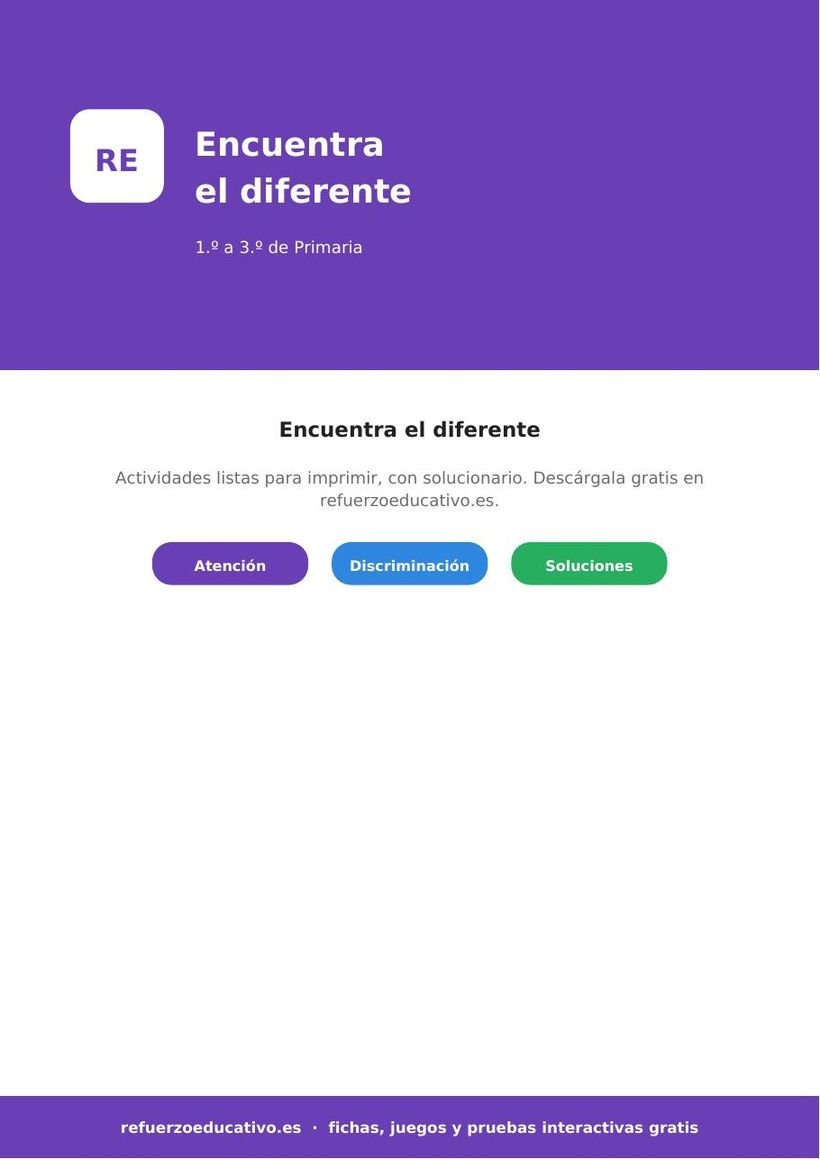 Encuentra el diferente: fichas de atención visual para Primaria (PDF) atencion encuentra el diferente 1 3 primaria portada