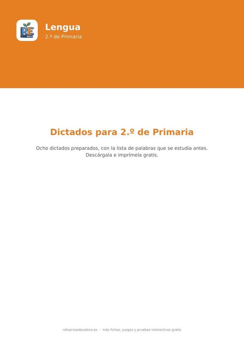 Portada de la ficha de dictados para 2.º de Primaria, con la lista de palabras que se estudia antes de cada dictado