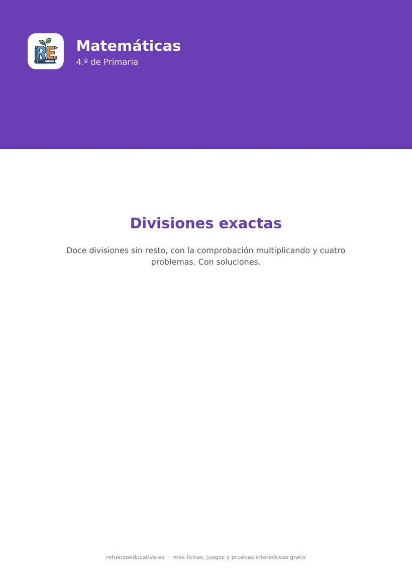 Portada de la ficha de divisiones exactas para 4.º de Primaria