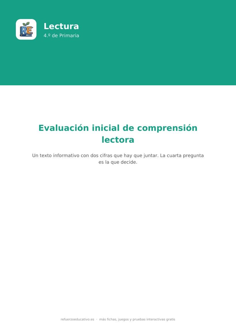 Portada de la evaluación inicial de comprensión lectora para 4.º de Primaria