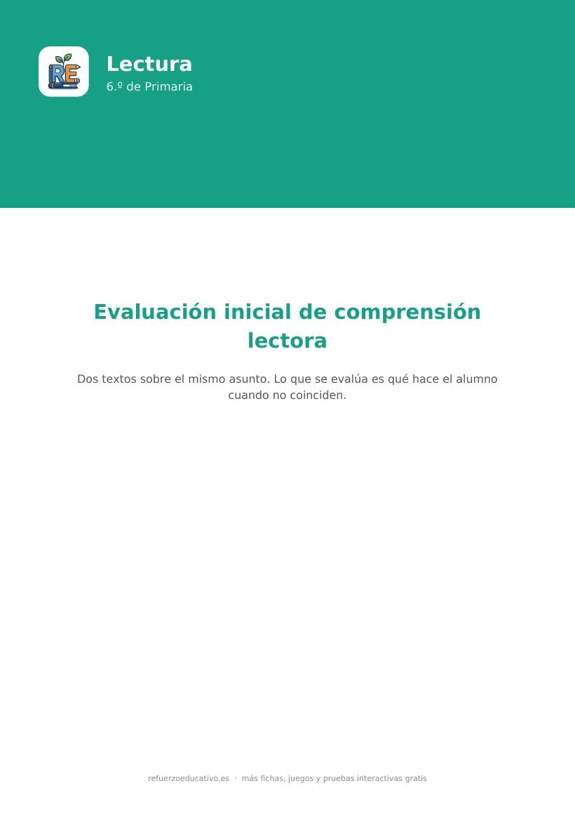 Portada de la evaluación inicial de comprensión lectora para 6.º de Primaria