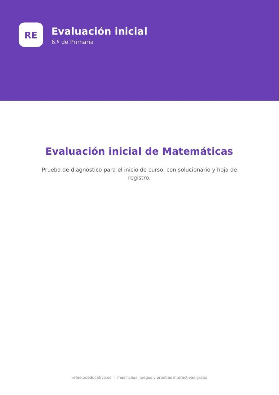 Evaluación inicial de Matemáticas de 6.º de Primaria para imprimir
