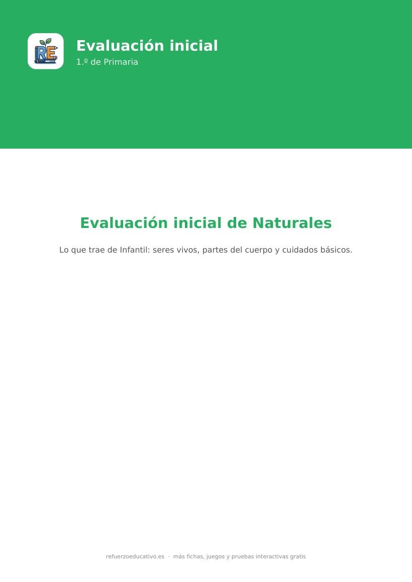 Portada de la evaluación inicial de Naturales para 1.º de Primaria