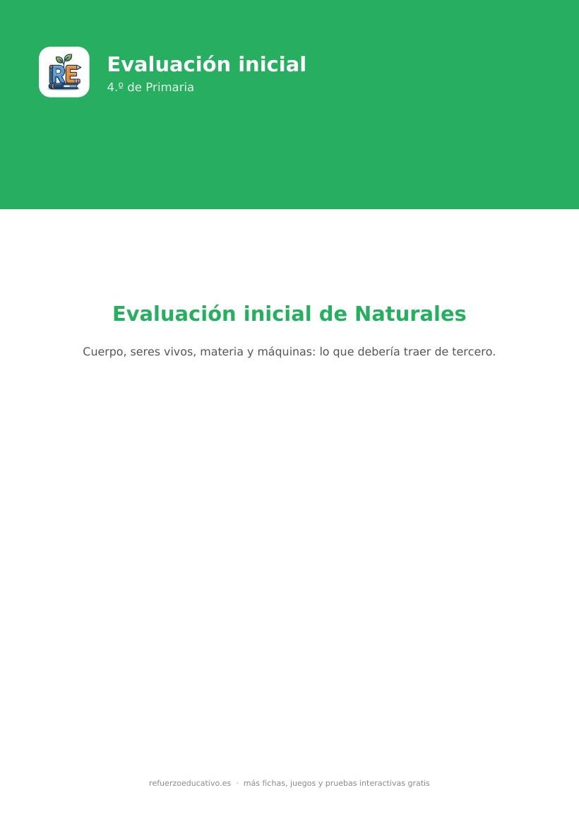Portada de la evaluación inicial de Naturales para 4.º de Primaria