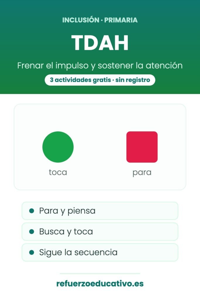 Portada de las actividades de TDAH: círculo verde para tocar y cuadrado rojo para parar
