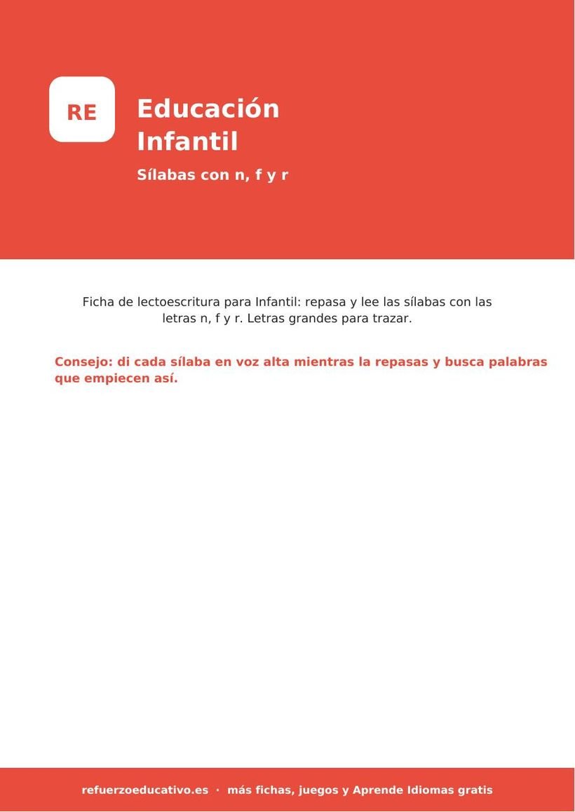 Lectoescritura en Infantil: sílabas con n, f y r (PDF para imprimir) infantil silabas n f r portada