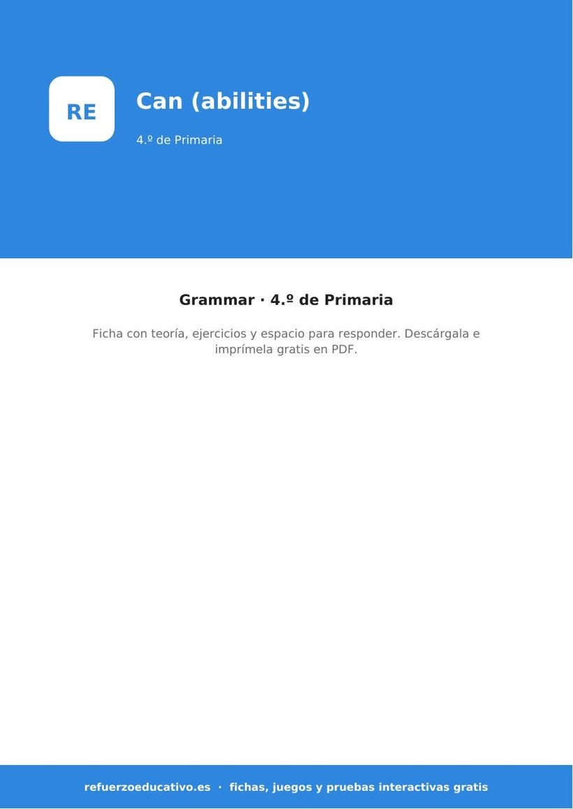 El verbo can en inglés (abilities) — Ficha 4.º Primaria (PDF) ingles can abilities 4o portada