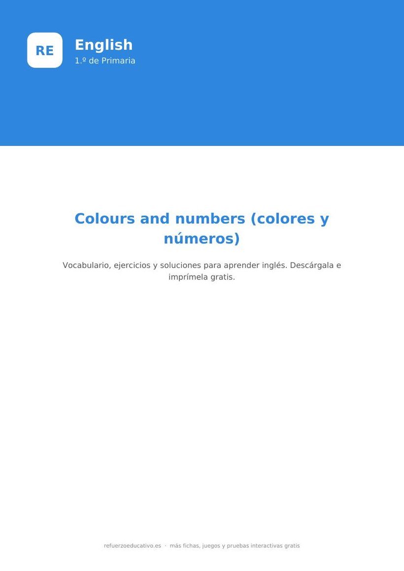 Inglés para 1.º de Primaria: los colores y los números (colours and numbers) en PDF ingles colores numeros 1 primaria portada