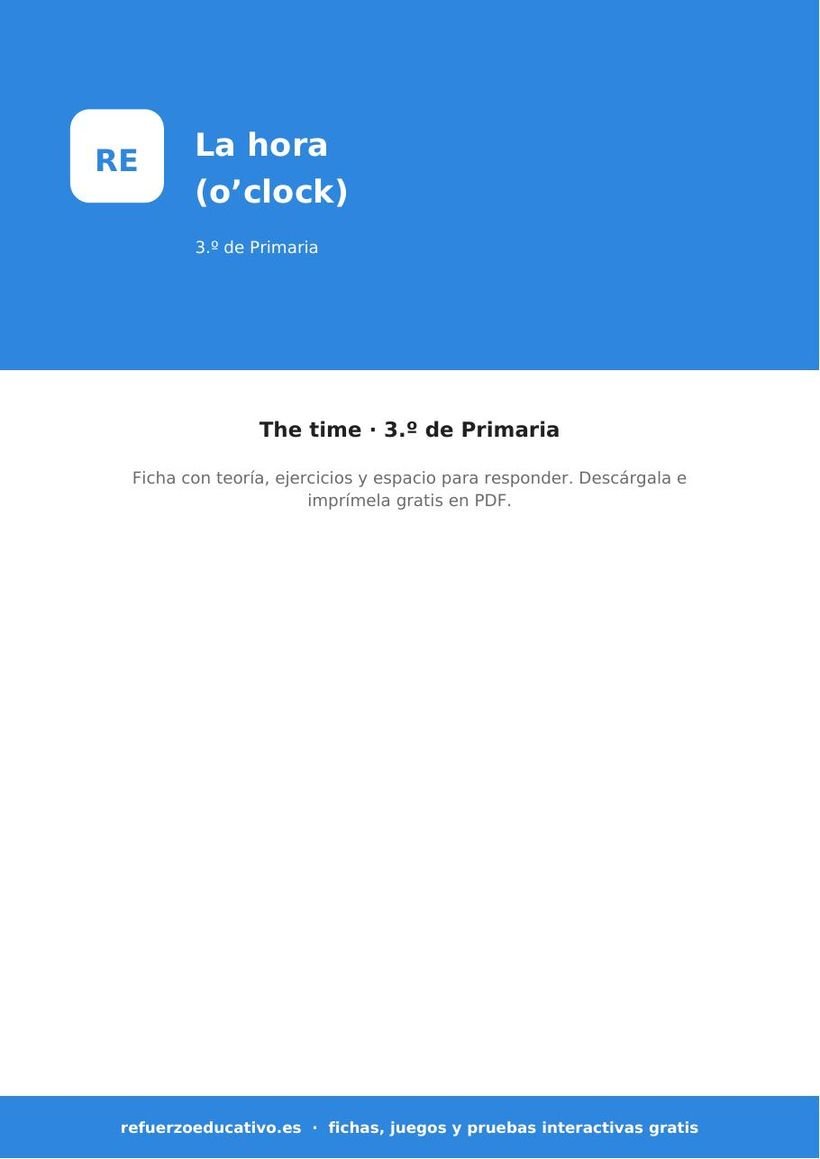 La hora en inglés (o’clock) — Ficha 3.º Primaria (PDF) ingles la hora oclock 3o portada
