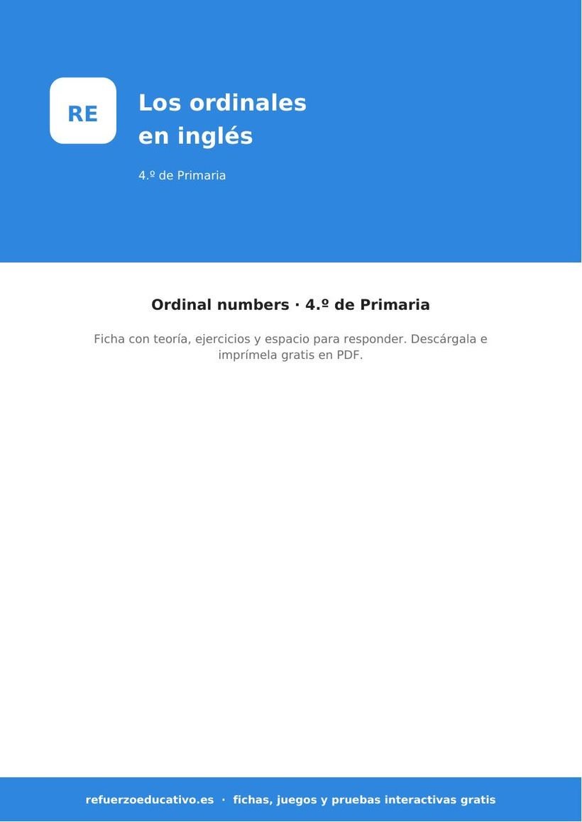 Los números ordinales en inglés: ficha de Inglés para 4.º de Primaria (PDF) ingles los numeros ordinales 4o portada