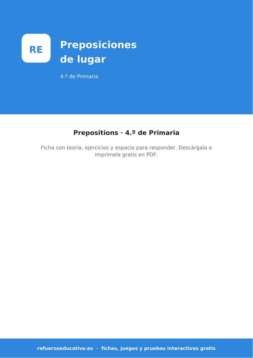Las preposiciones de lugar en inglés: ficha de Inglés para 4.º de Primaria (PDF) ingles preposiciones de lugar 4o portada