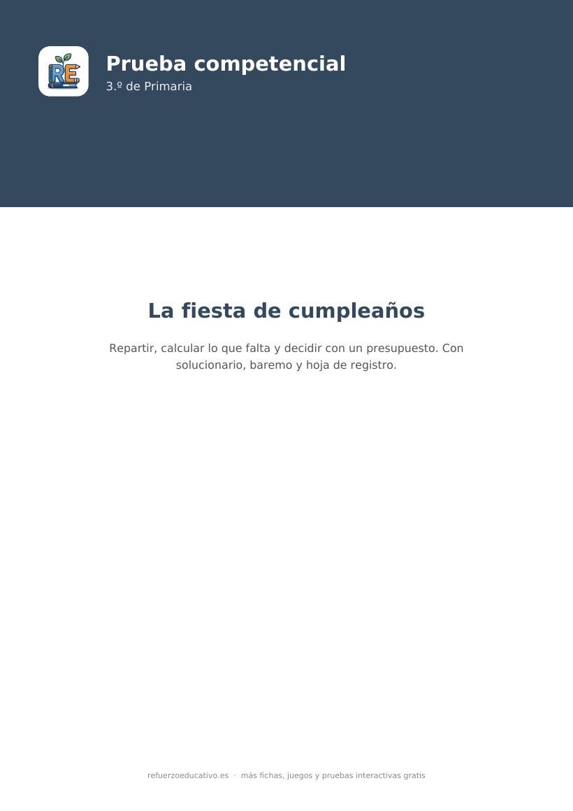 Portada de la prueba competencial La fiesta de cumpleaños para 3.º de Primaria