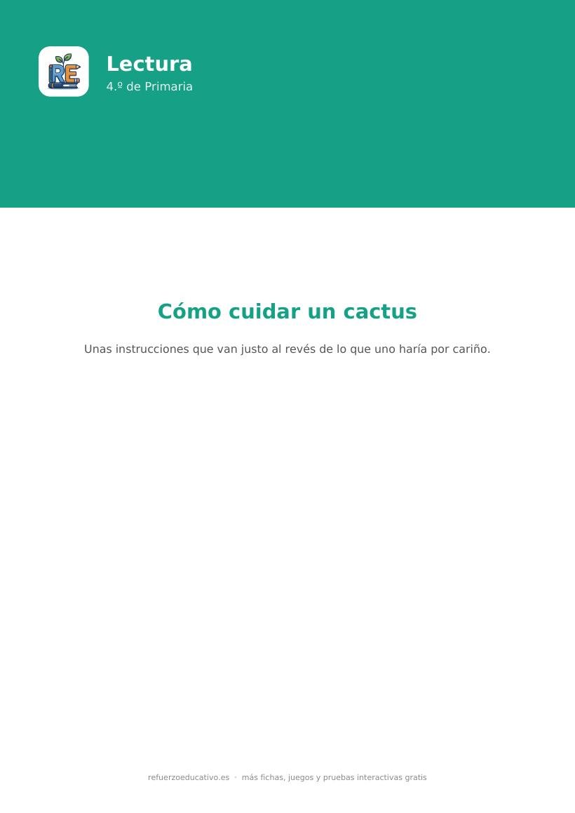 Portada de la lectura comprensiva Cómo cuidar un cactus para 4.º de Primaria