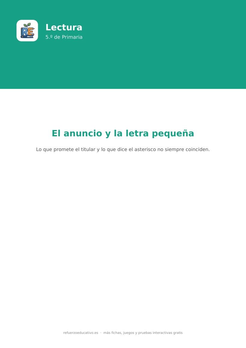 Portada de la lectura comprensiva El anuncio y la letra pequeña para 5.º de Primaria