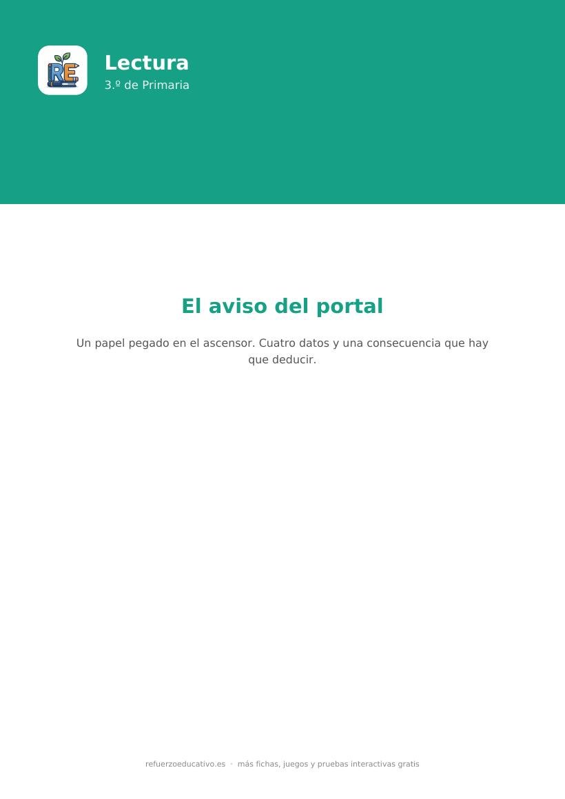 Portada de la lectura comprensiva El aviso del portal para 3.º de Primaria