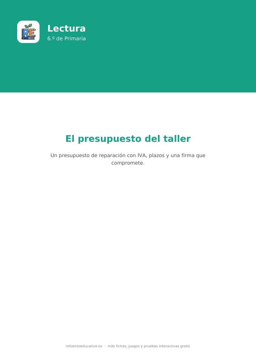 Portada de la lectura comprensiva El presupuesto del taller para 6.º de Primaria