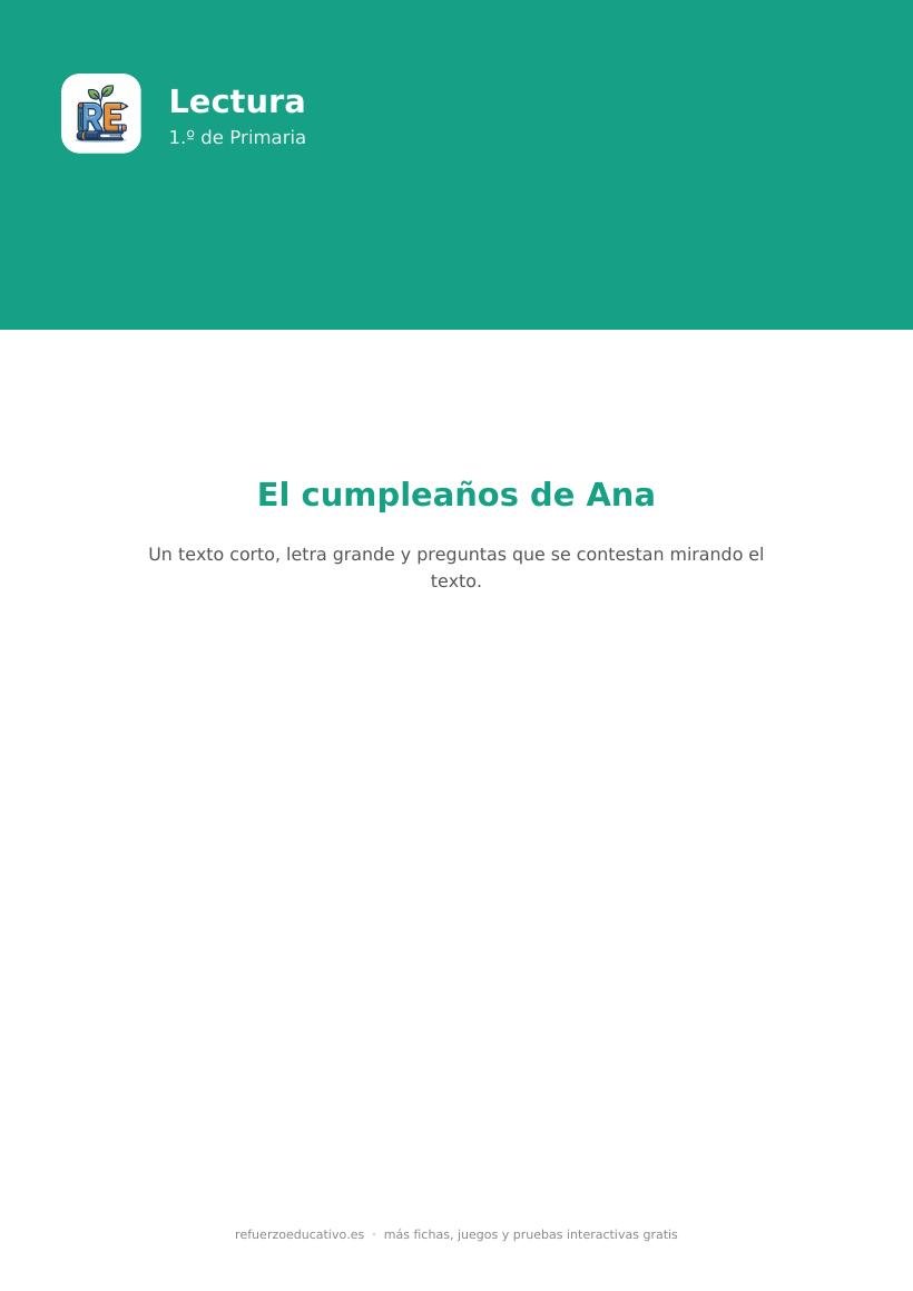 Portada de la lectura comprensiva lectura el cumpleanos de ana 1o