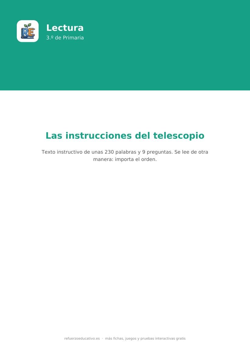 Portada de la lectura comprensiva lectura instrucciones del telescopio 3o