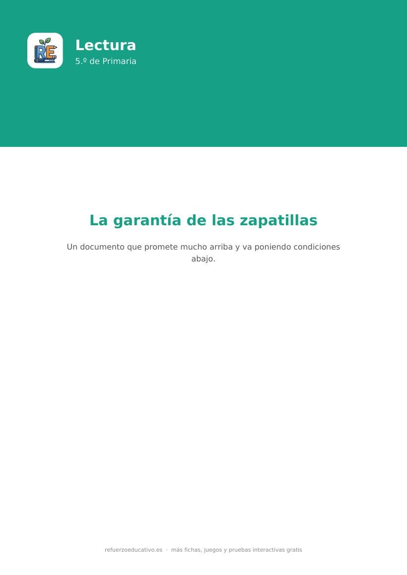 Portada de la lectura comprensiva La garantía de las zapatillas para 5.º de Primaria