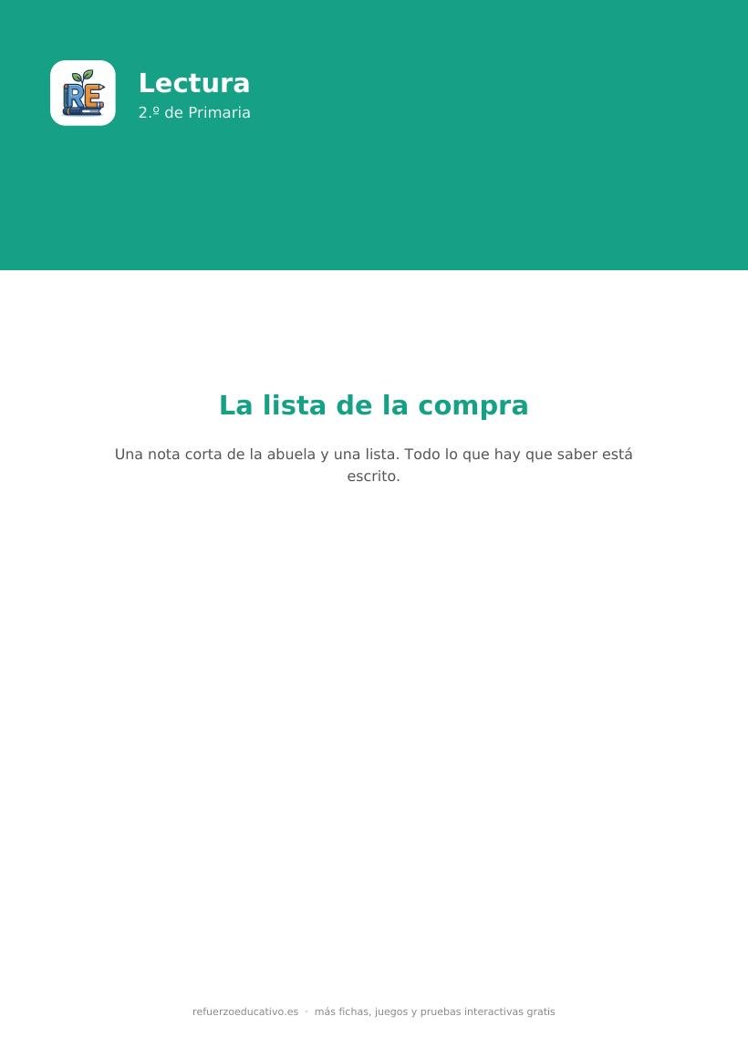 Portada de la lectura comprensiva La lista de la compra para 2.º de Primaria