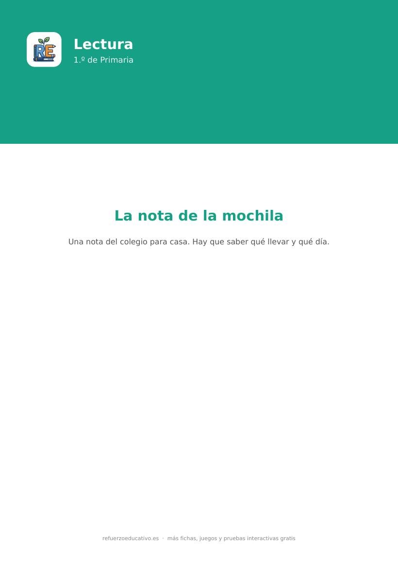 Portada de la lectura comprensiva La nota de la mochila para 1.º de Primaria