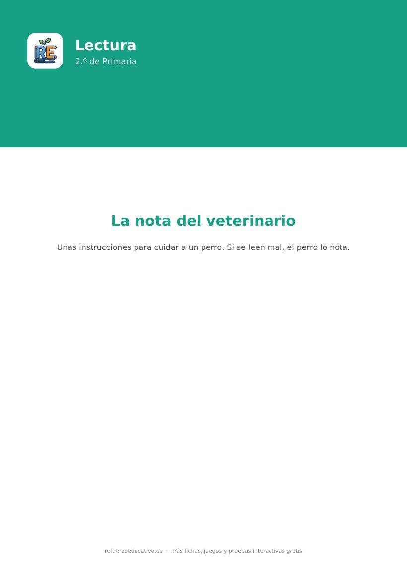 Portada de la lectura comprensiva La nota del veterinario para 2.º de Primaria