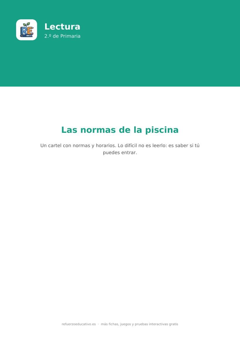 Portada de la lectura comprensiva Las normas de la piscina para 2.º de Primaria