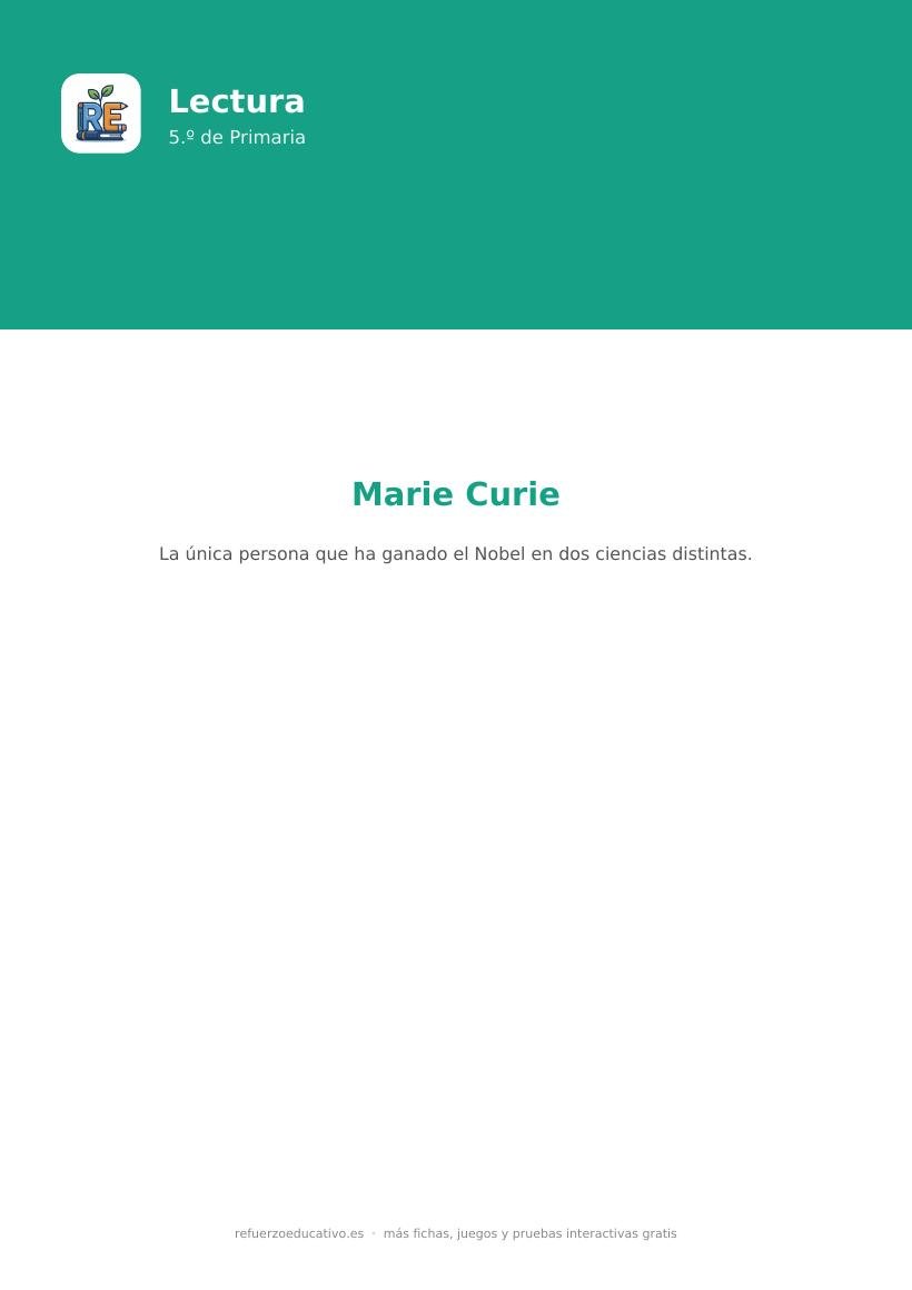 Portada de la lectura comprensiva lectura marie curie 5o