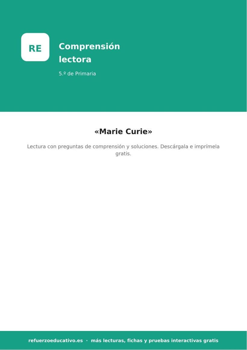 «Marie Curie» — Comprensión lectora (PDF) lectura marie curie 5o portada
