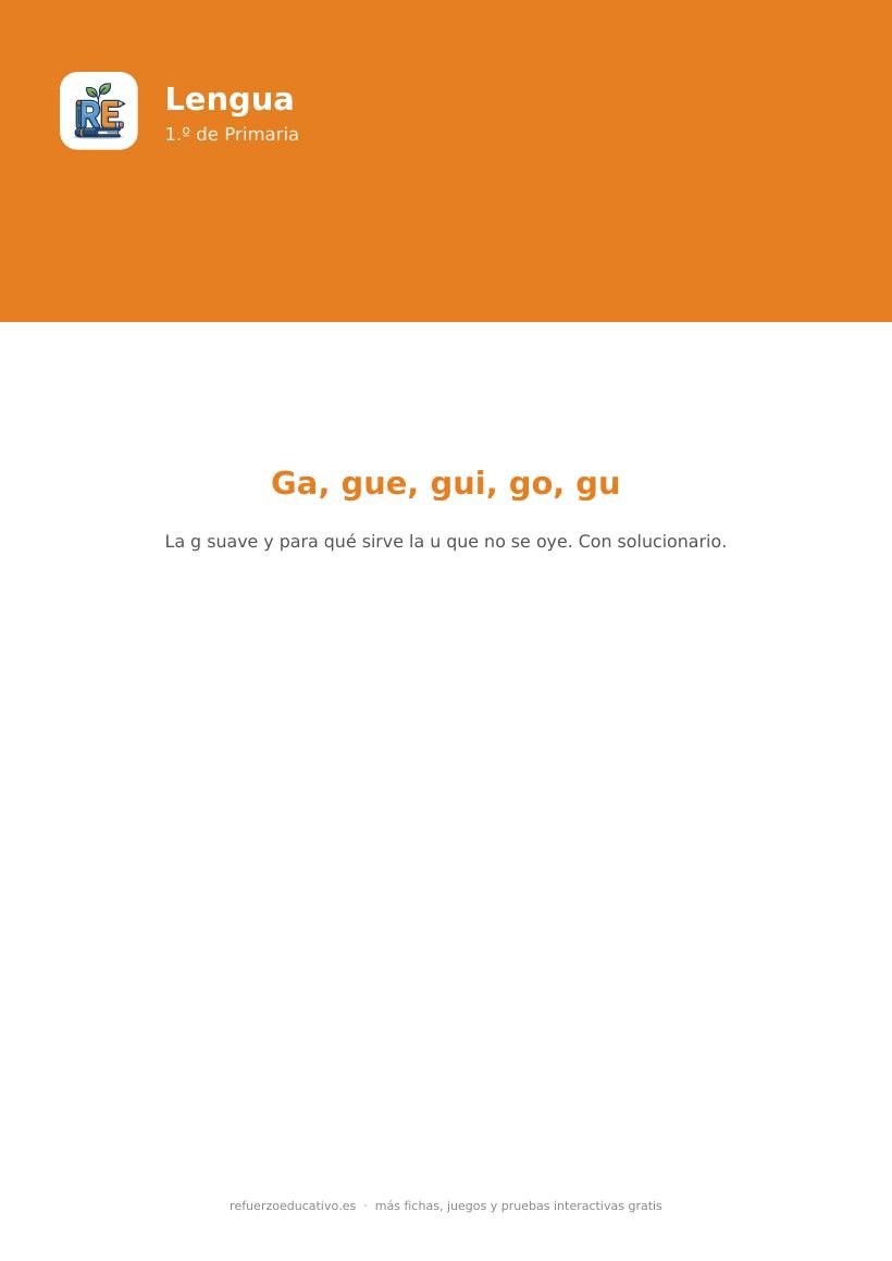 Portada de la ficha Ga, gue, gui, go, gu para 1.º de Primaria