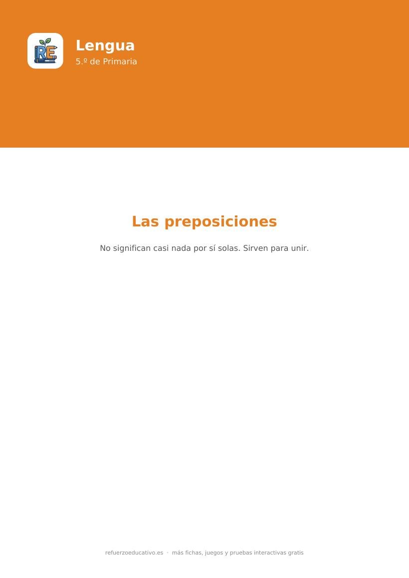 Portada de la ficha de las preposiciones para 5.º de Primaria