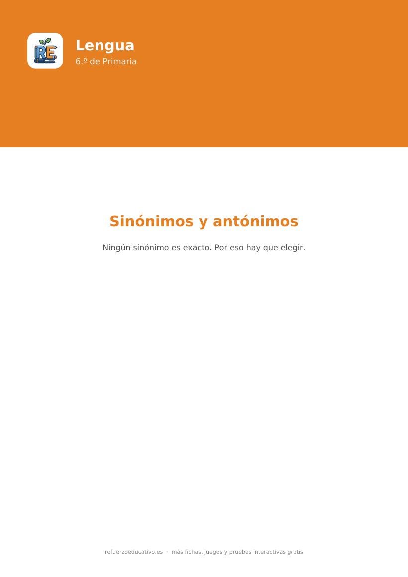 Portada de la ficha de sinónimos y antónimos para 6.º de Primaria