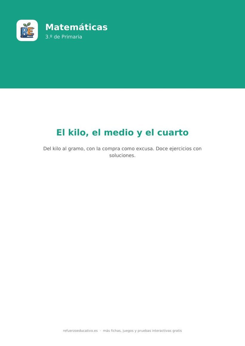 Portada de la ficha del kilo, el medio y el cuarto para 3.º de Primaria