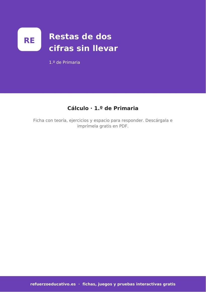 La resta de dos cifras sin llevar: ficha de Matemáticas para 1.º de Primaria (PDF) matematicas la resta de dos cifras sin llevar 1o portada