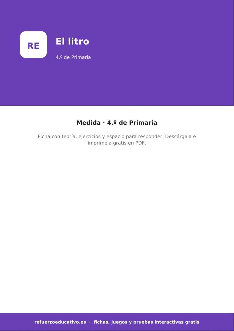 Las medidas de capacidad: el litro: ficha de Matemáticas para 4.º de Primaria (PDF) matematicas medidas de capacidad el litro 4o portada
