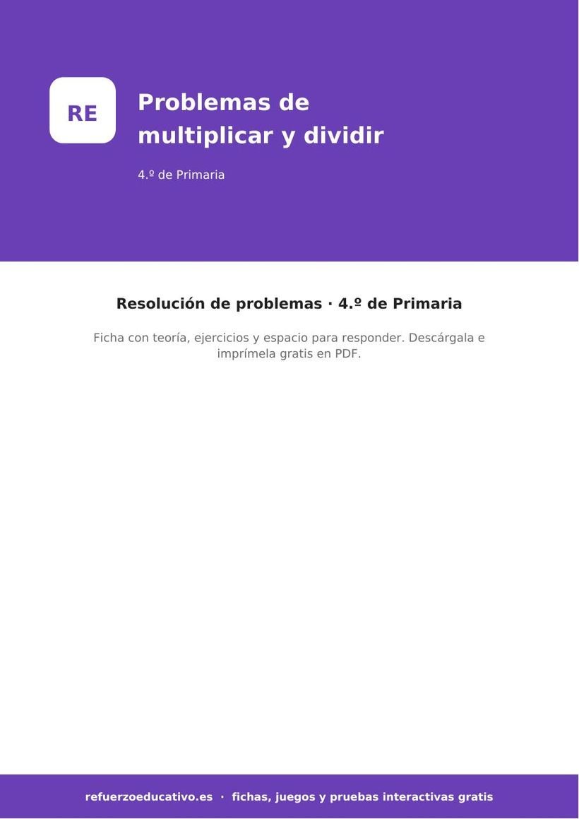 Problemas de multiplicar y dividir: ficha de Matemáticas para 4.º de Primaria (PDF) matematicas problemas de multiplicar y dividir 4o portada