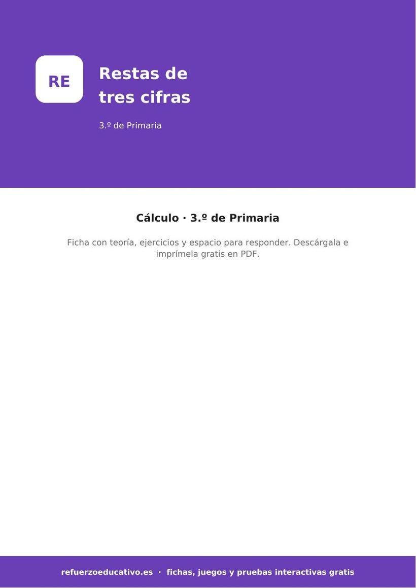 Las restas de tres cifras: ficha de Matemáticas para 3.º de Primaria (PDF) matematicas restas de tres cifras 3o portada