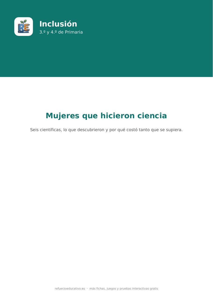 Portada de la ficha Mujeres científicas para niños de refuerzoeducativo.es