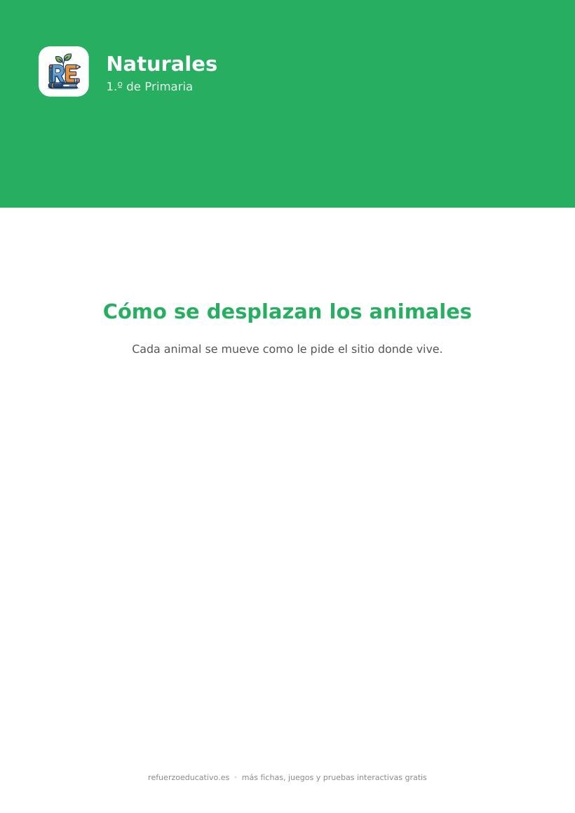 Portada de la ficha sobre cómo se desplazan los animales para 1.º de Primaria