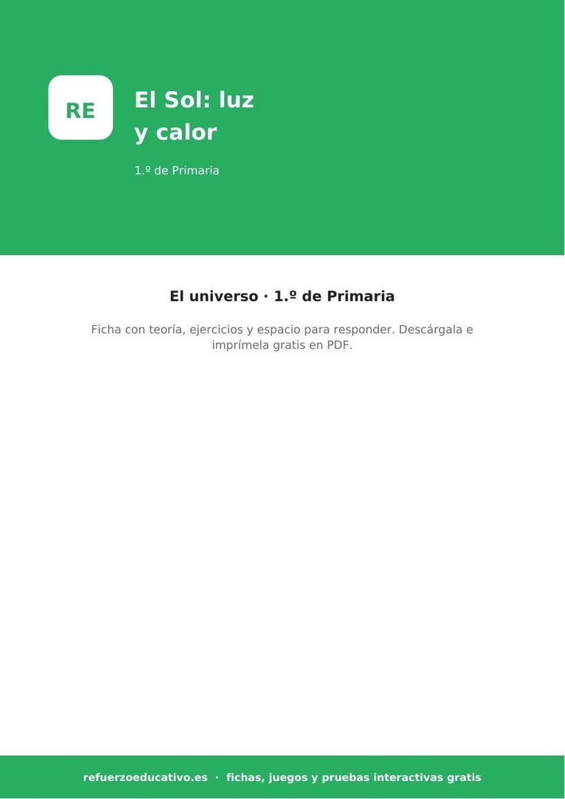El Sol: fuente de luz y calor: ficha de Ciencias Naturales para 1.º de Primaria (PDF) naturales el sol fuente de luz y calor 1o portada