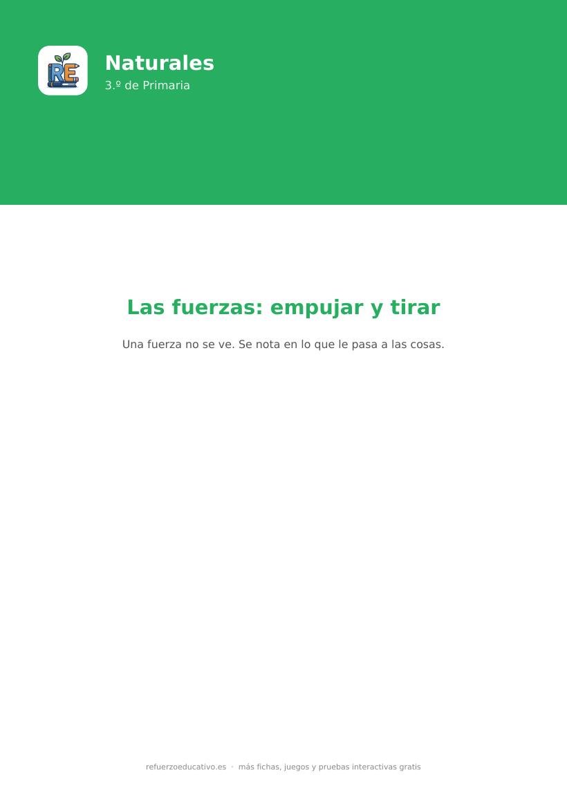 Portada de la ficha de las fuerzas, empujar y tirar, para 3.º de Primaria